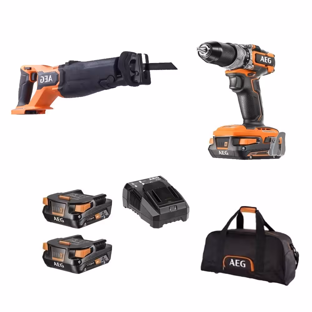 کیت دریل چکشی براش لس به همراه اره افقی بر 18 ولت شارژی AEG مدل BSB18SBL-202C   BUS18BL2-0