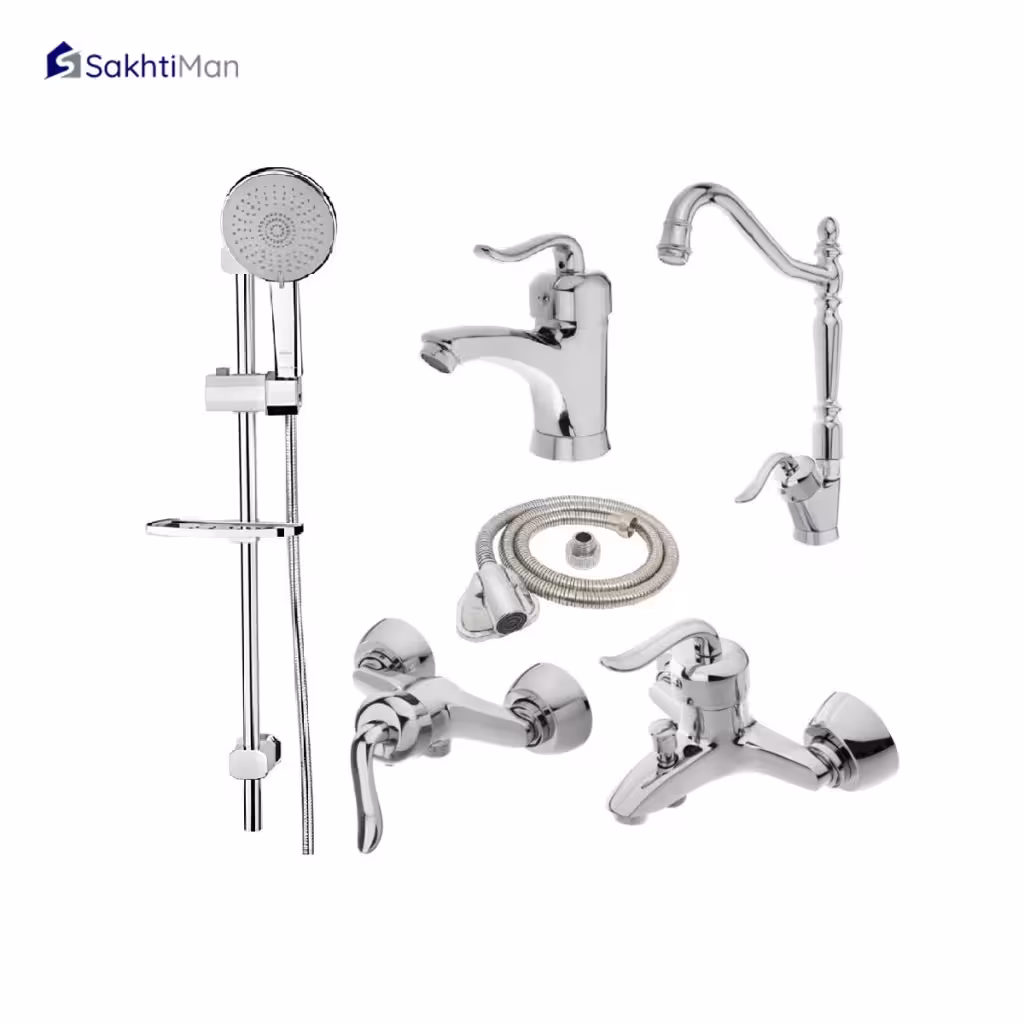 ست شش عددی شیرآلات مدل قاجاری به همراه علم دوش و شلنگ توالت