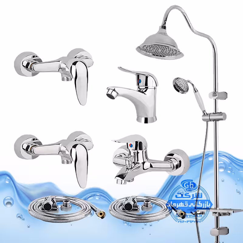 ست 7 عددی شیرآلات برند آیدا صنعت مدل قهرمان | شیر روشویی   حمام   2 عدد توالت   علم دوش شیپوری   2 عدد شلنگ توالت | کروم براق