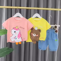 ست تیشرت و شلوارک جین وارداتی اسپورت مناسب حدود 9 ماه تا  5 سال شیک و زیبا جنس تیشرت نخ پنبه شلوارک جین اورجینال 