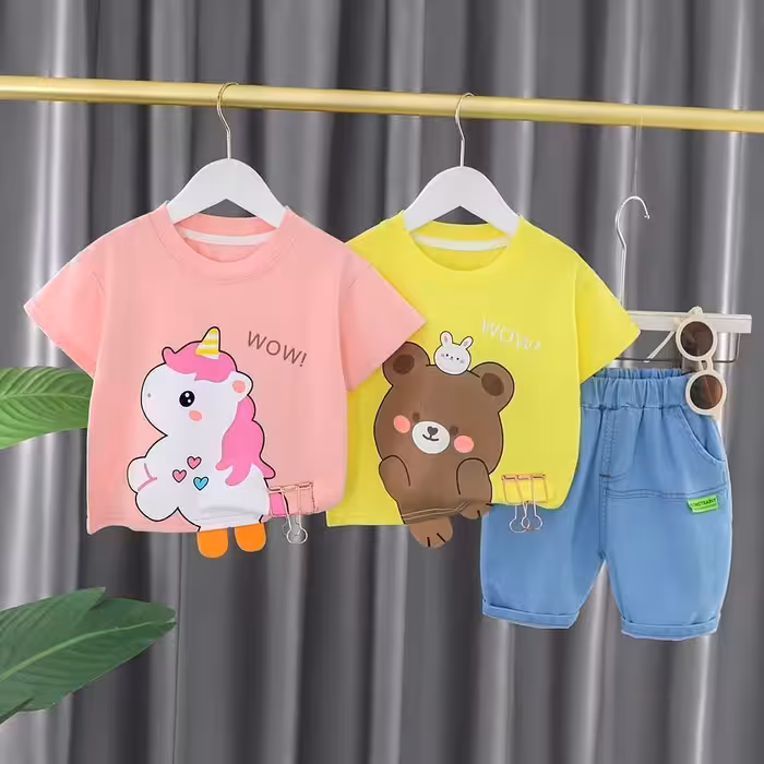 ست تیشرت و شلوارک جین وارداتی اسپورت مناسب حدود 9 ماه تا  5 سال شیک و زیبا جنس تیشرت نخ پنبه شلوارک جین اورجینال 