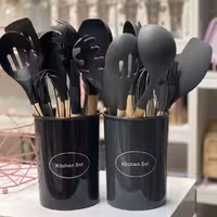 ست کفگیر و ملاقه 12 پارچه سیلیکونی دسته چوبی Kitchen Set-ست بزرگ