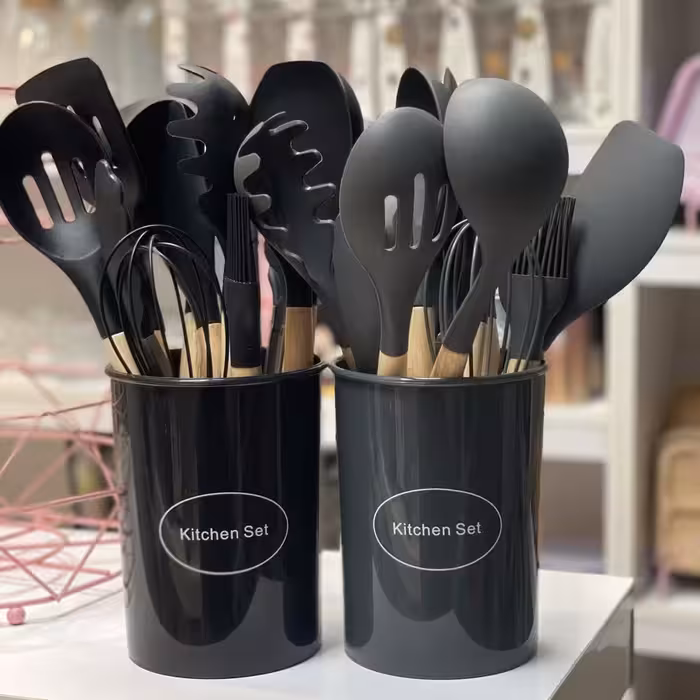 ست کفگیر و ملاقه 12 پارچه سیلیکونی دسته چوبی Kitchen Set-ست بزرگ