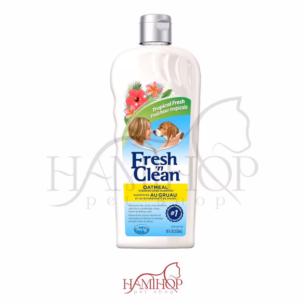 شامپو سگ جو دوسر و جوش شیرین PetAg Fresh 'n Clean رایحه تازه گرمسیری 533میل پوست خشک، خارشدار و حساس را با ویتامین E و آلوئه ورا تغذیه میکند تقویت و ترمیم لایه شاخی بدون صابون PetAg Fresh ’n Clean Oatmeal ’n Baking Soda Shampoo Tropical Fresh Scent Nurtures Dry, Itchy & Sensitive Skin with Vitamin E & Aloe Strengthens & Repairs Coats Soap Free