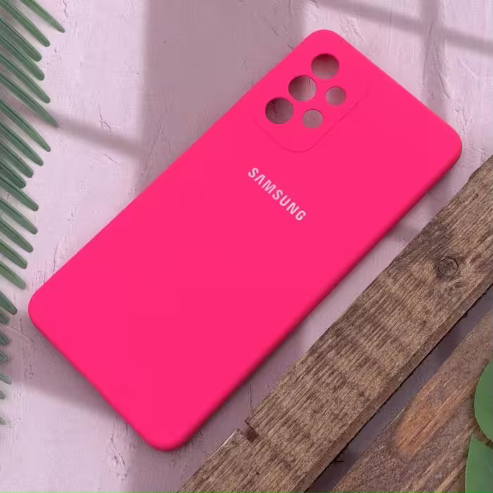 قاب گوشی سامسونگ Galaxy A73، جنس سیلیکونی، مدل پاک کنی، اورجینال، داخل پارچه ای، محافظ لنز دار، رنگ سرخابی