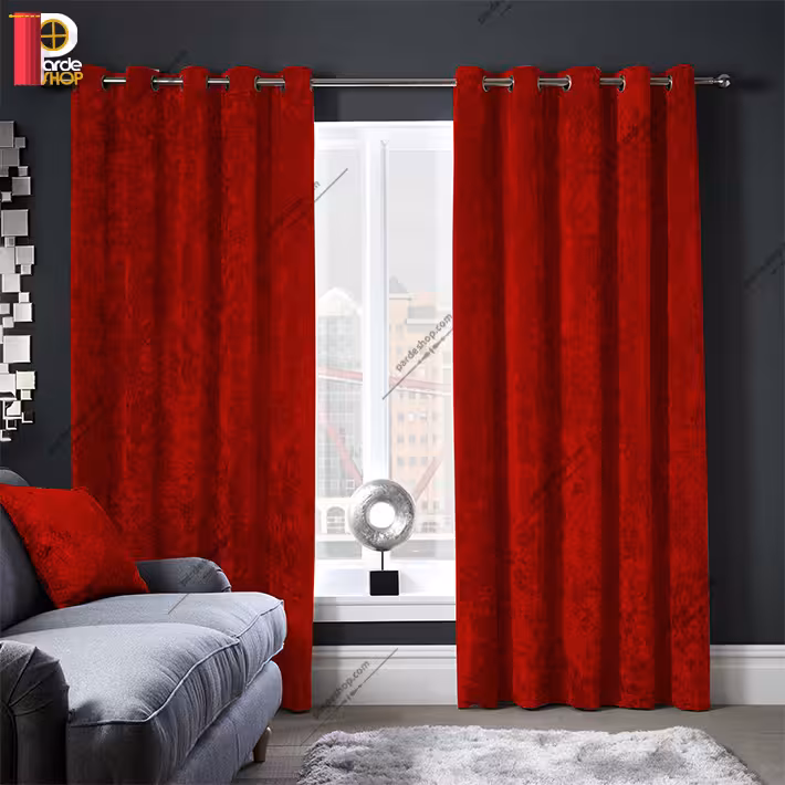 پرده مخمل پتینه براق پانچی رنگ زرشکی ارتفاع 280 سانتی متر