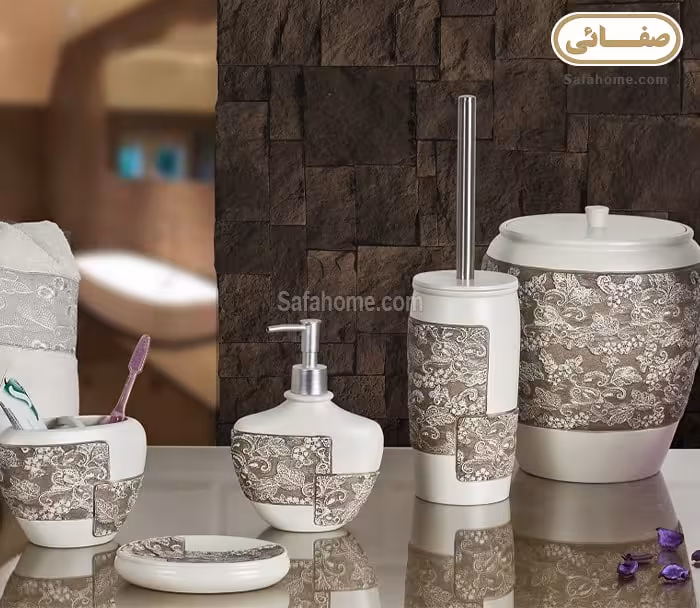 سرویس بهداشتی 5 تکه رزین کرم-نسکافه ای طرح Pettie