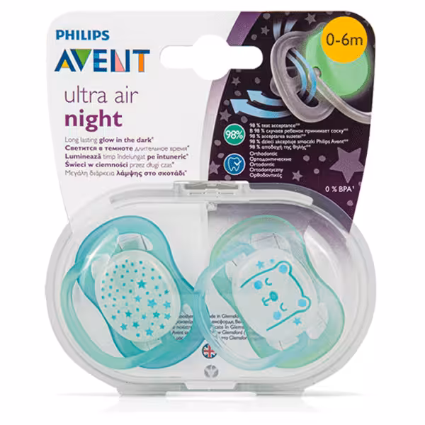پستانک 2 عددی فیلیپس اونت Avent مدل شبرنگ 0 الی 6 ماه