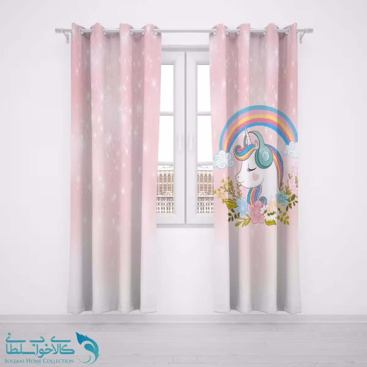 پرده پانچی اتاق کودک طرح تک شاخ و رنگین کمان کد A2859