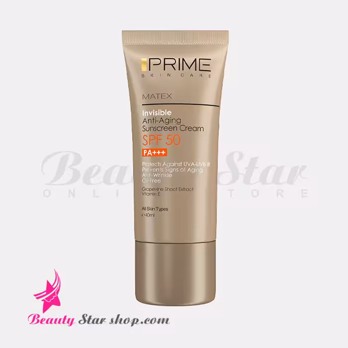 کرم ضد آفتاب جوان کننده بی رنگ پرایم SPF 50 مناسب انواع پوست به جز پوست های آکنه دار حجم 40 میلی لیتر