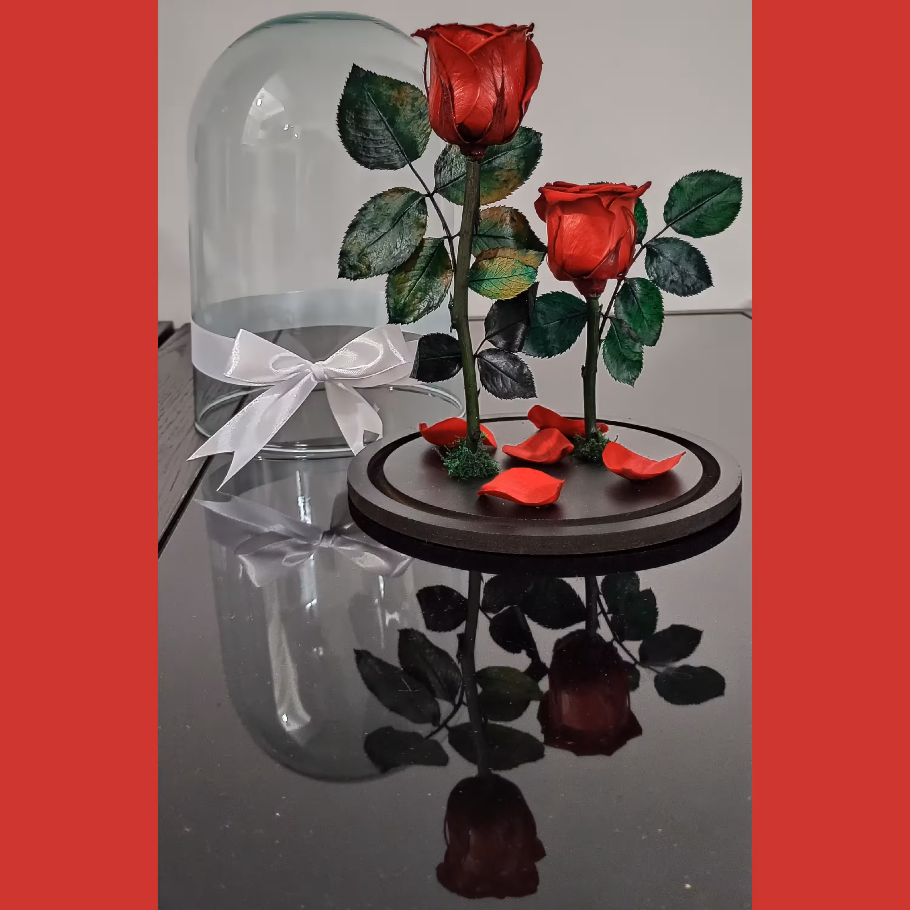 رز جاودان قرمز دو شاخه ای باکس گل مدل دیو دلبر کینگ