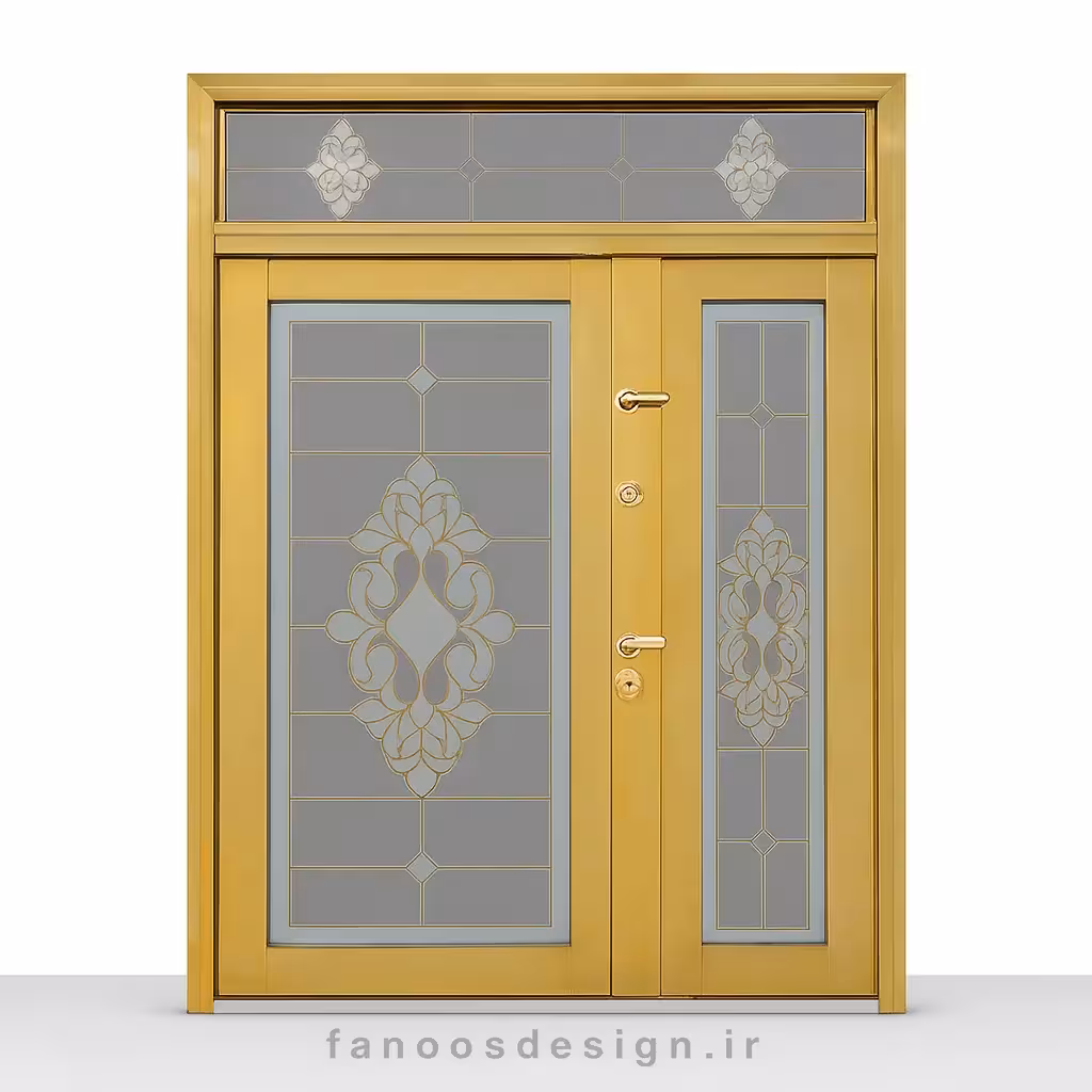 درب استیل طلایی با شیشه طرح‌دار لوکس کد 30221