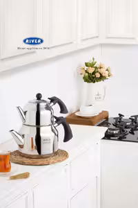 کتری قوری استیل لوله دار 3لیتر دسته باکالیت مشکی ریور کد 2165