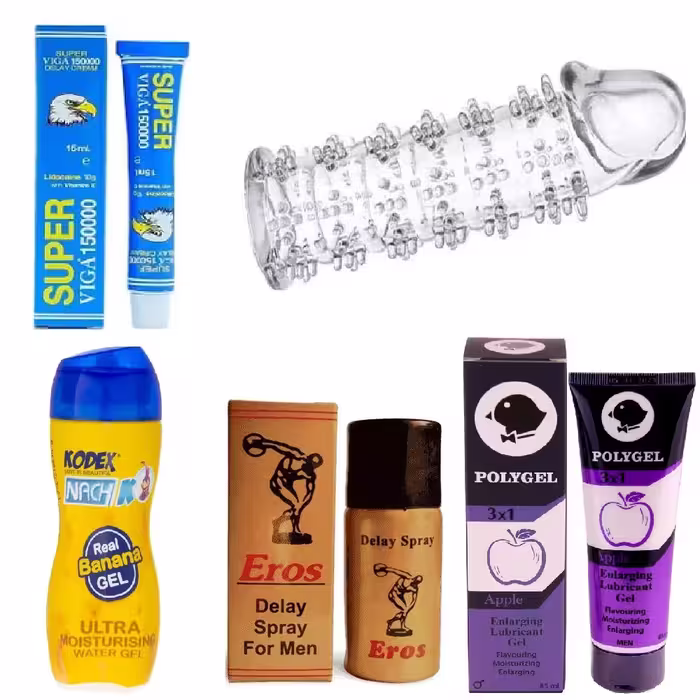 پکیج زناشویی4 ( اسپری تاخیری اروس   کرم تاخیری ویگا   حجم دهنده پلی ژل   روان کننده کدکس   کاندوم سیلیکونی خاردار لاور )