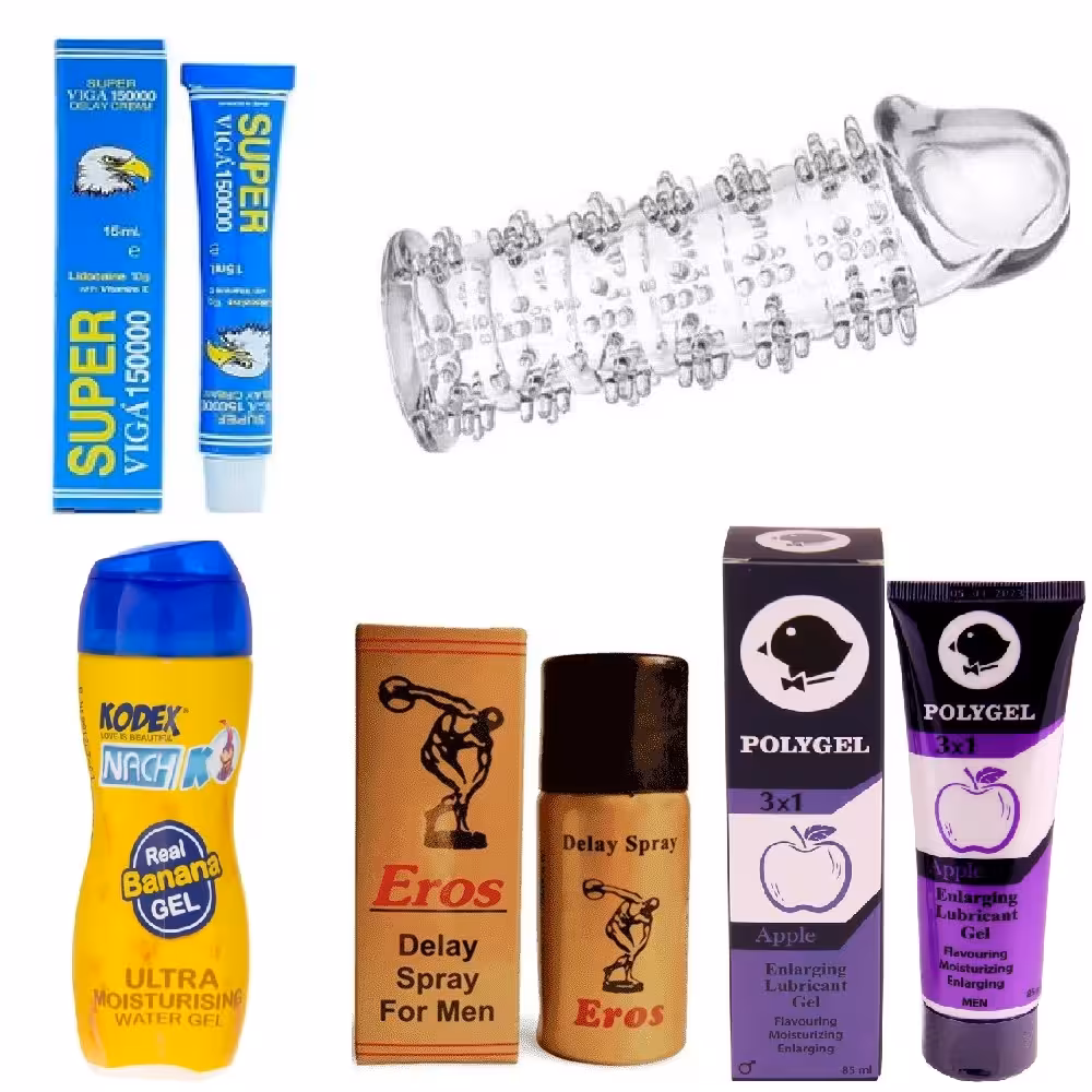 پکیج زناشویی4 ( اسپری تاخیری اروس   کرم تاخیری ویگا   حجم دهنده پلی ژل   روان کننده کدکس   کاندوم سیلیکونی خاردار لاور )