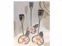 جاشمعی سه تایی، رنگ نقره ای، با تزئین گل صورتی