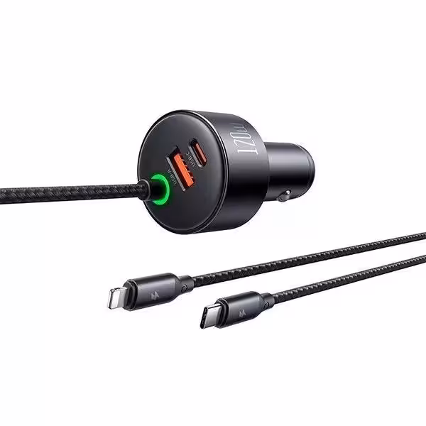 شارژر فندکی120 وات  مک دودو مدل cc-0370 به همراه کابل USB-C/لایتنینگ