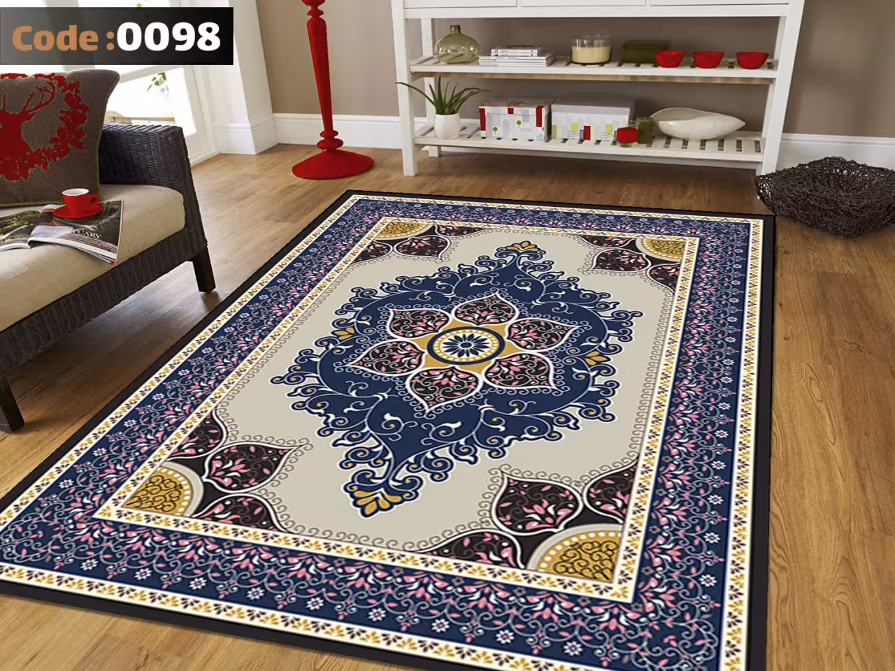 کاورفرش روفرشی دورکشدار گوشه لیفه ای لاکی ، آبی و متنوع کد 0098