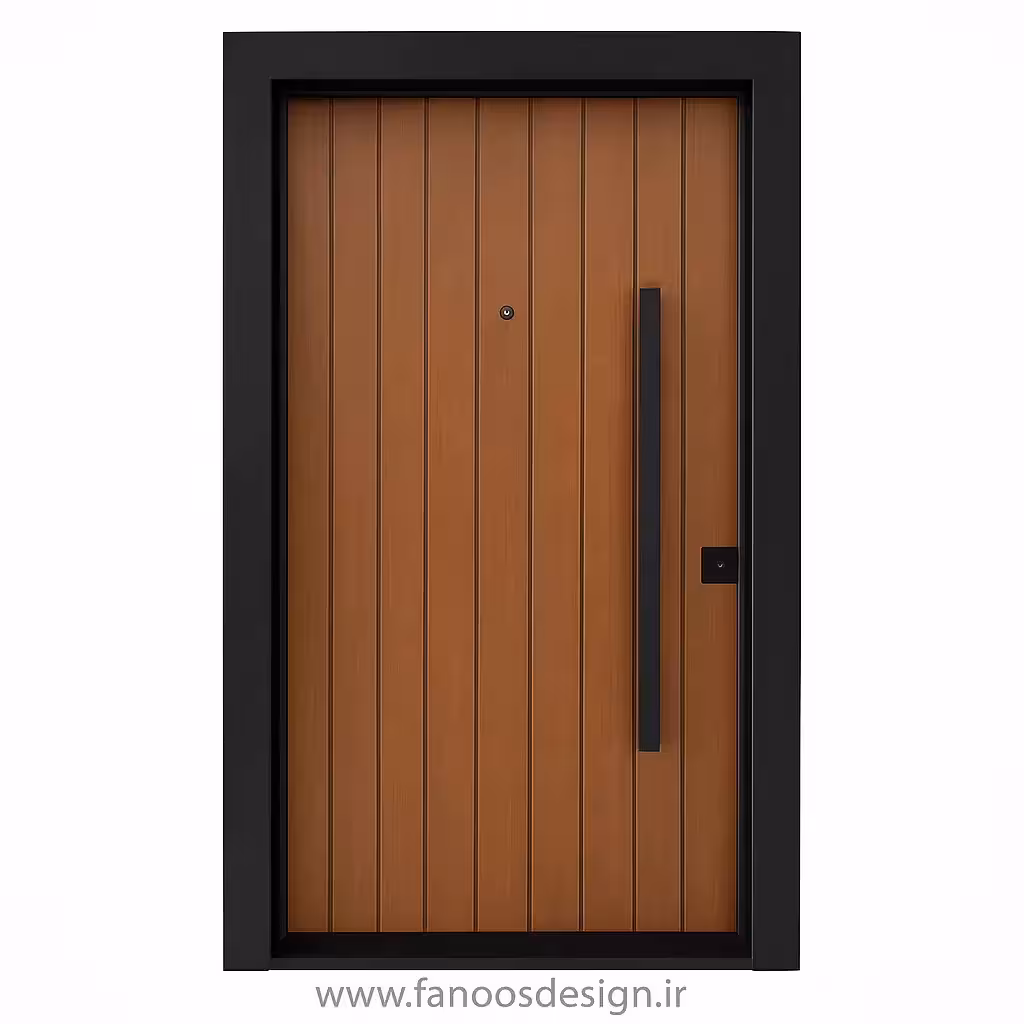 درب ضد سرقت چوبی شیار‌دار عمودی با فریم فلزی مشکی مدل مدرن کد 30203