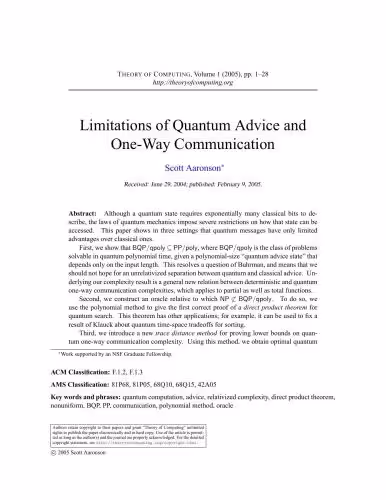 خرید و دانلود نسخه کامل کتاب Limitations of Quantum Advice and One-Way Communication