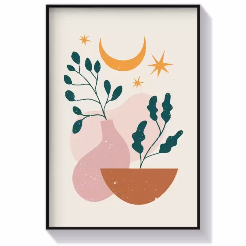 تابلو دکوراتیو بوهو طرح گلدان و ماه