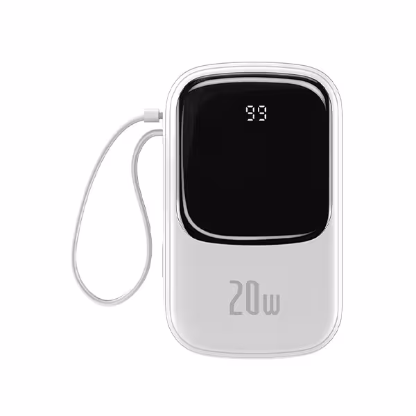 پاوربانک بیسوس 20000 میلی آمپر کابل متصل لایتنینگ Baseus QPow Digital Display Power Bank Iphone سفید
