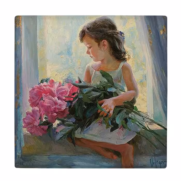  زیر لیوانی  طرح نقاشی دختر بچه و شاخه های گل کد    5849961_4334