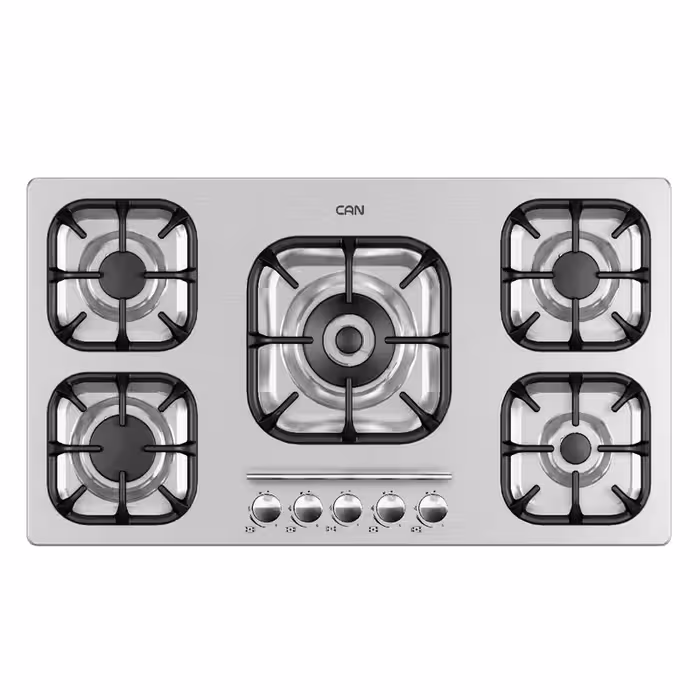 اجاق گاز صفحه‌ای 5 شعله کن مدل 523S، دارای فندک اتوماتیک، جنس صفحه استیل با سرشعله defendi ایتالیا، توان حرارتی پلوپز 11 کیلووات، محافظ ترموکوپل، مصرف انرژی رده A، با ولوم دستی