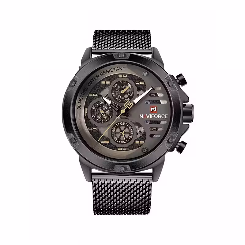 ساعت عقربه ای مردانه نیوی فورس مشکی بند حصیری 9110/9