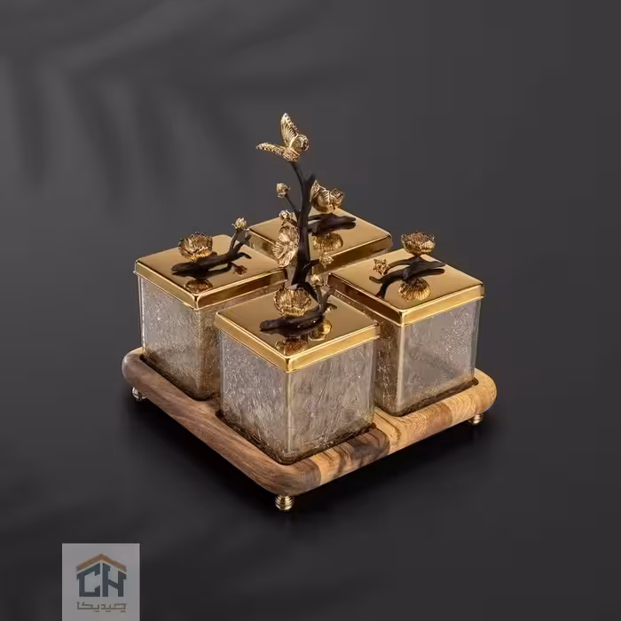 جا ادویه چوب و برنج 4 تایی گلدکیش طرح butterfly wood مدل GK829814