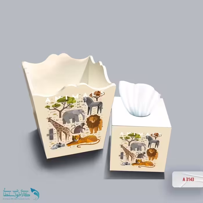 ست سطل و جا دستمال چوبی کودک طرح حیوانات وحشی کد A3143