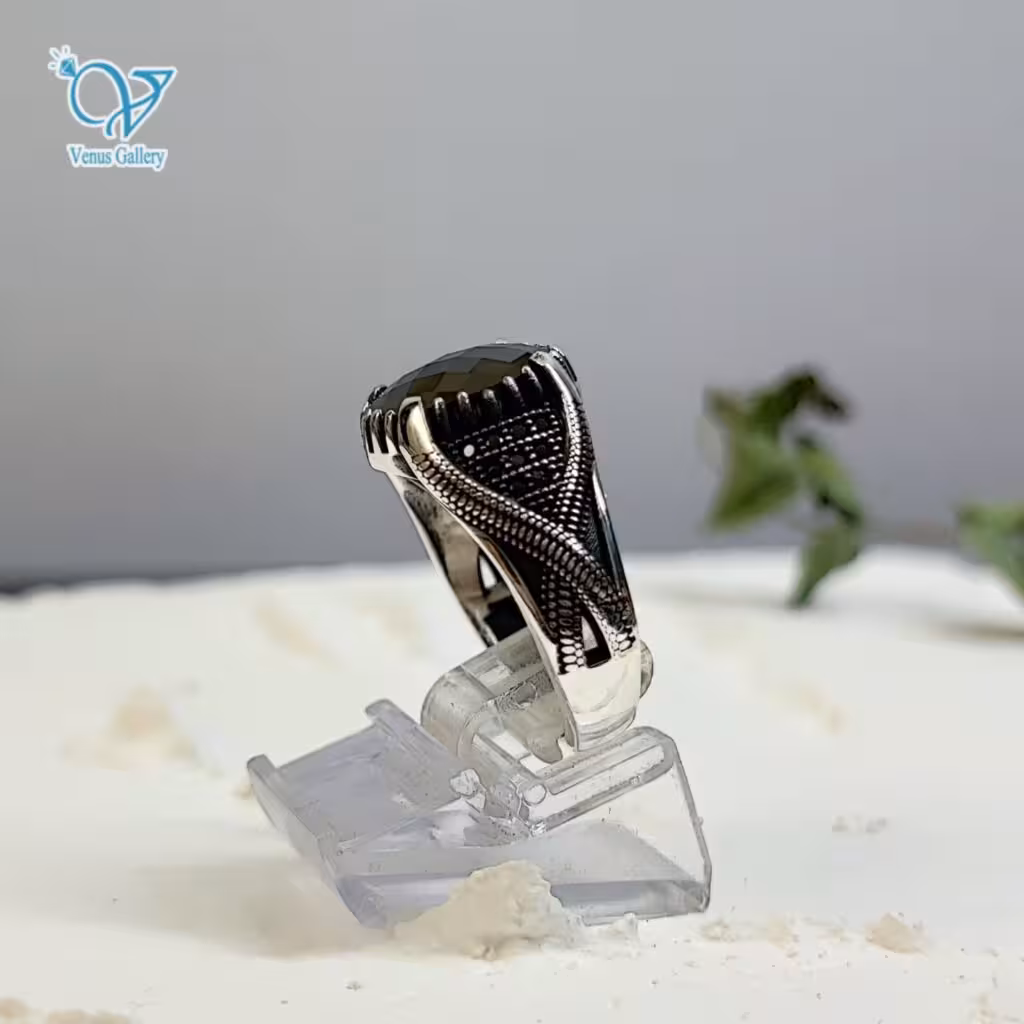 انگشتر نقره مردانه سیاه قلم نگین مارکازیت سنگ اونیکس مشکی کد 6188