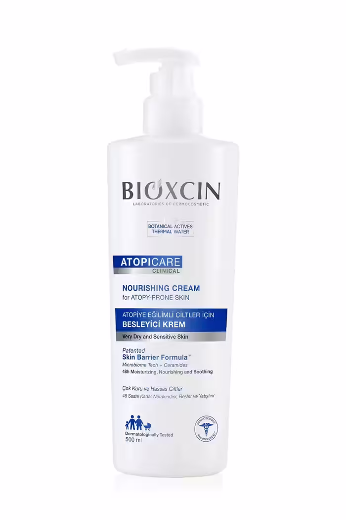 کرم مرطوب کننده بیوکسین پمپی مناسب پوست های حساس و خیلی خشک حجم 500میل BIOXCIN ATOPICARE CLINICAL