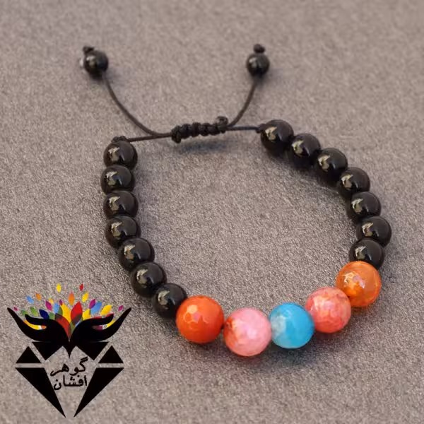 دستبند عقیق سیاه و عقیق رنگی خوشرنگ کد D_1104