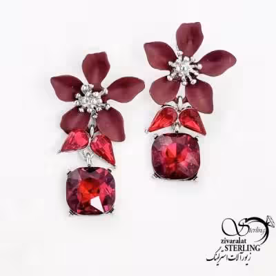 گوشواره گل قرمز جواهری نگین الماسی کد 18395