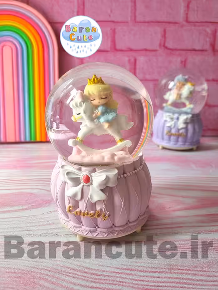 گوی موزیکال پمپی برفی چراغ دار سایز بزرگ طرح پرنسس یونیکورن سوار صورتی