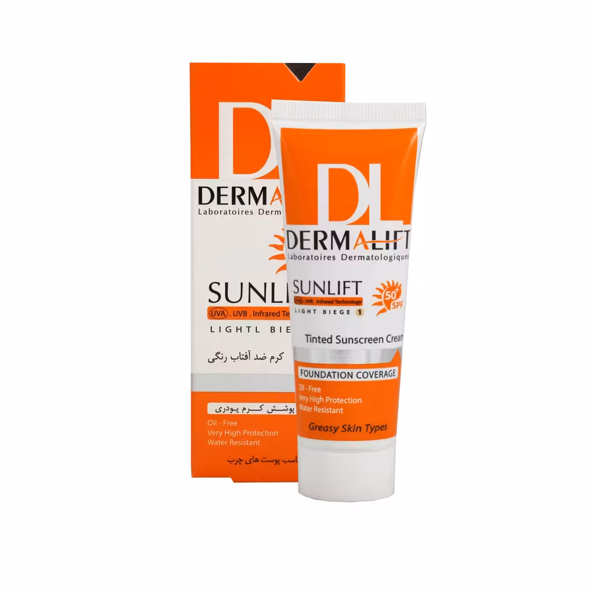کرم ضد آفتاب رنگی درمالیفت  SPF50 مناسب پوست های چرب بژ روشن