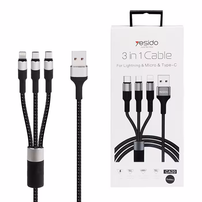 کابل 3کاره لایتنینگ و میکرو و تایپسی یسیدو YESIDO CA20 طول 1.2متر