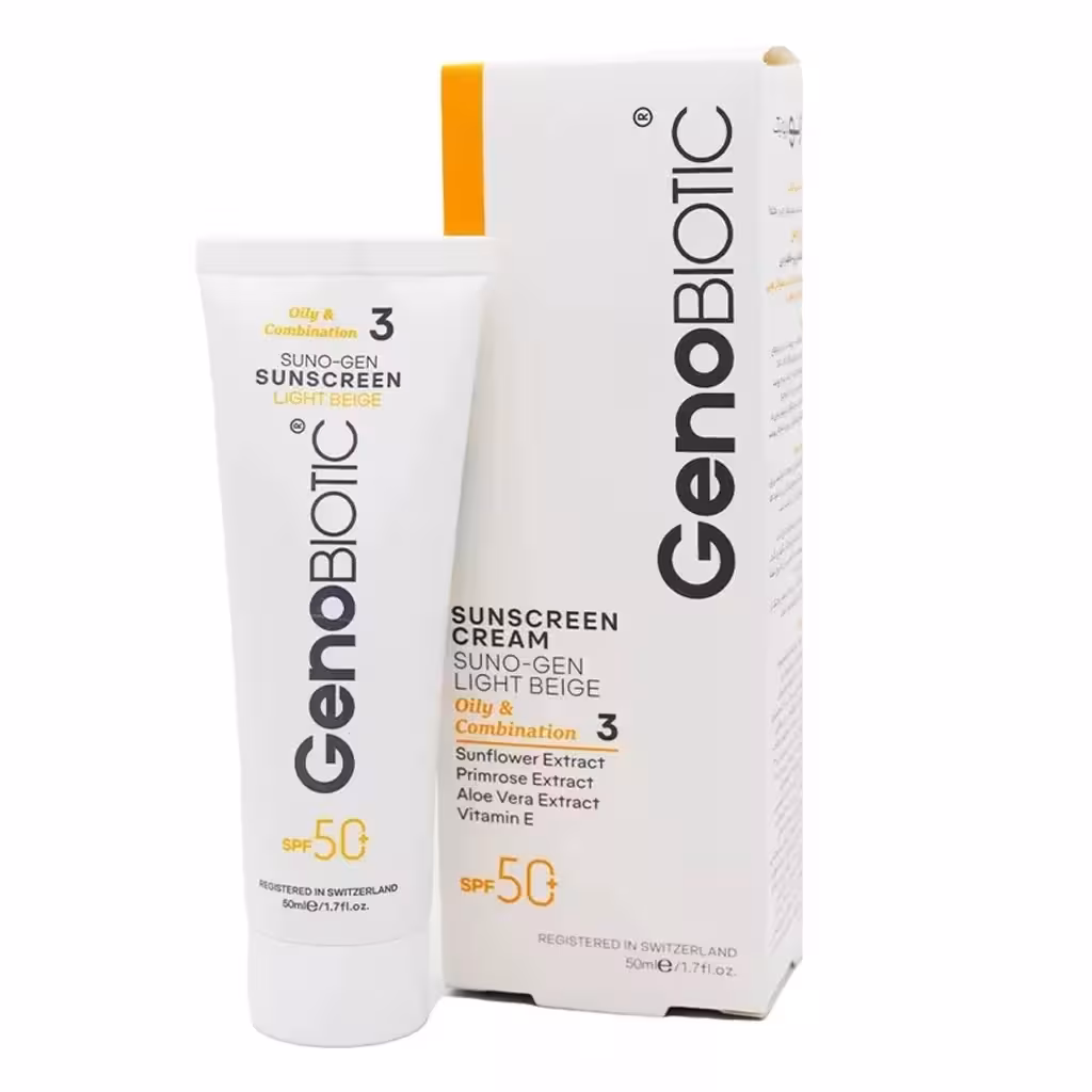 کرم ضد آفتاب SPF50 ژنوبایوتیک مناسب پوست چرب بژروشن Geno Biotic SunoGen Sunscreen Cream SPF 50