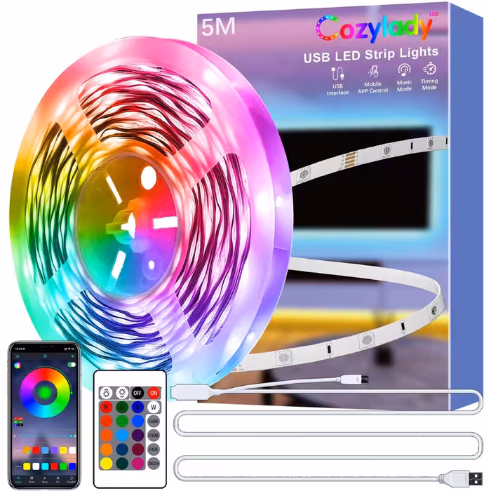 ریسه نور LED با کنترل برنامه بلوتوث برای تلویزیون Cozylady 5M USB Led Light Strip