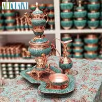 سرویس سماور 5 تکه مسی فیروزه کوبی شده با جزئیات اصل نیشابور و روکش پلی استر