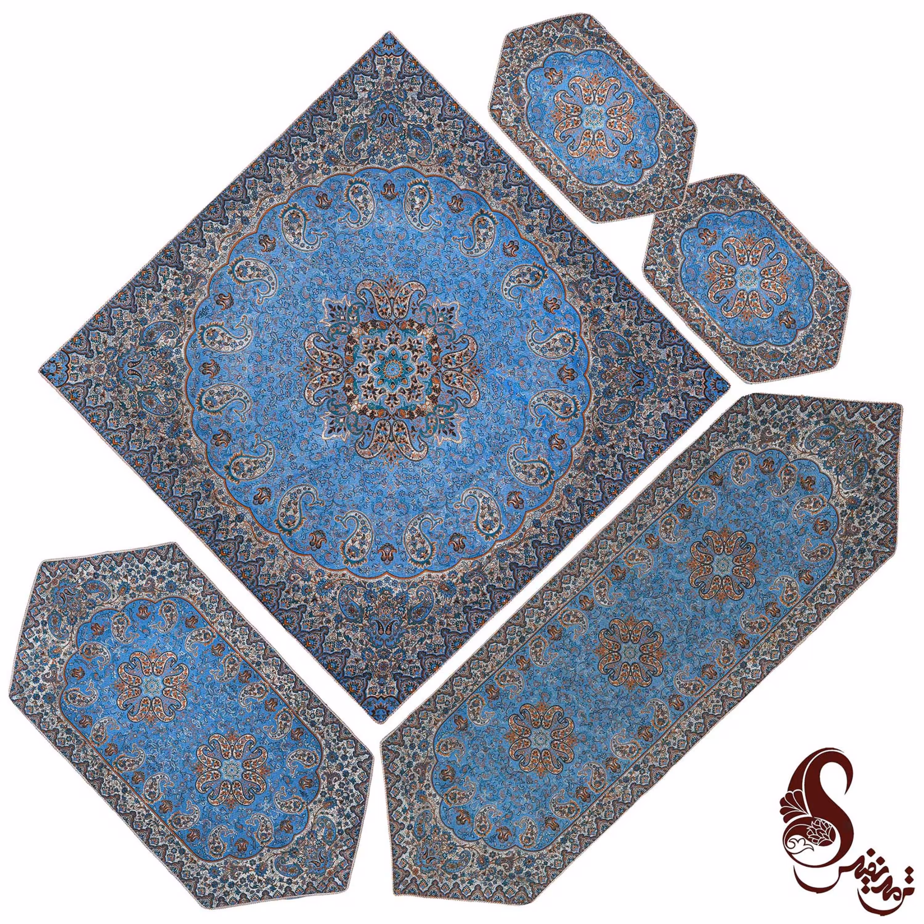 ست 5 تکه رومیزی طرح نسترن ابی