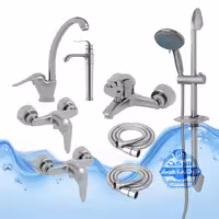 ست 8 عددی شیرآلات برند آیدا صنعت مدل قهرمان اردکی | شیر ظرفشویی   روشویی پایه‌بلند   حمام   دو عدد توالت   علم دوش یونیکا متحرک ضد رسوب   دو شلنگ توالت | کروم مات