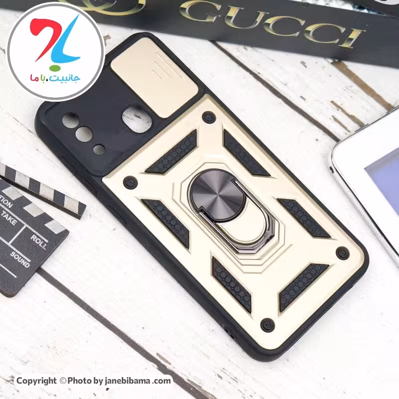 قاب گوشی سامسونگ ضد ضربه محافظ لنزدار هولدر دار Samsung A30 - طلایی