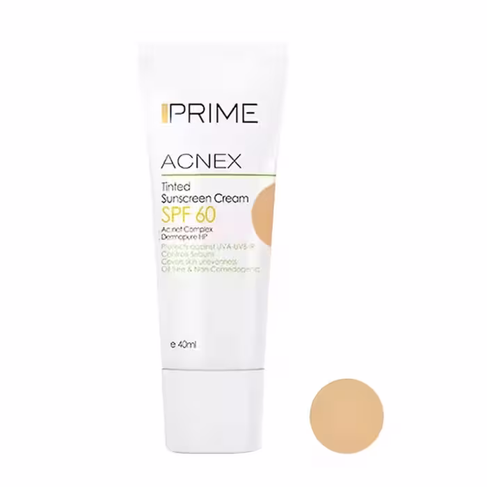 کرم ضد آفتاب رنگی بژ طبیعی پرایم مدل Acnex Tinted Natural Beige SPF 60 مناسب پوست مختلط تا چرب حجم 40 میلی لیتر
