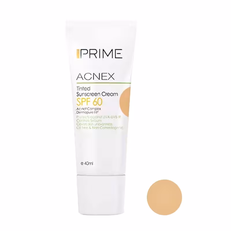 کرم ضد آفتاب رنگی بژ طبیعی پرایم مدل Acnex Tinted Natural Beige SPF 60 مناسب پوست مختلط تا چرب حجم 40 میلی لیتر