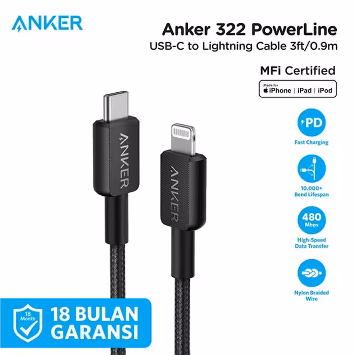 کابل نسل سوم  انکر Anker 322 USB-C to Lightning مدل A81B5