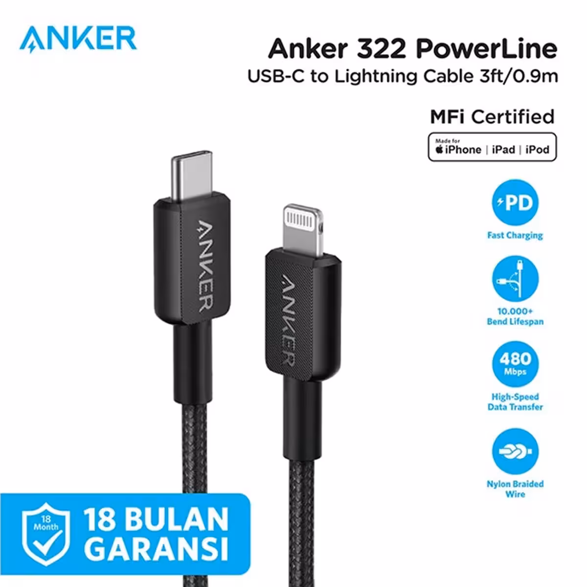 کابل نسل سوم  انکر Anker 322 USB-C to Lightning مدل A81B5