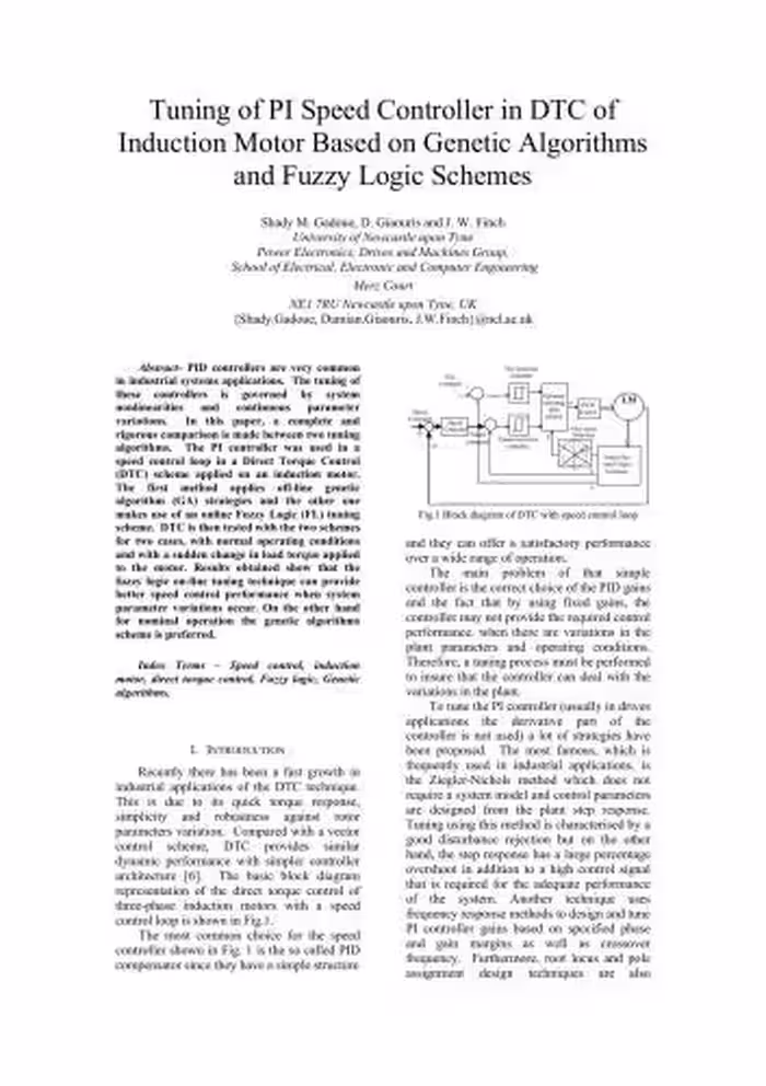 خرید و دانلود نسخه کامل کتاب Finch. Tuning of PI Speed Controller in DTC of Induction Motor Based on Genetic Algorithms and Fuzzy Logic Schemes
