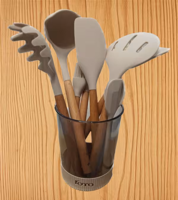 ست کفگیر ملاقه سیلیکونی دسته بامبو روما Roma رنگ کرم